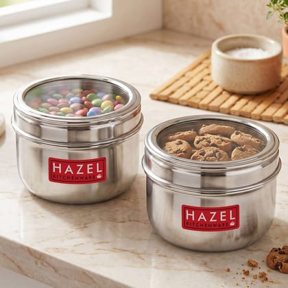 HAZEL Steel Storage Containers with See Through Lid, 800ml, Pack of 2 , Round Kitchen Dabbas for Snacks, Dry Food & Leftovers HAZEL Steel Storage Containers with See Through Lid, 800ml, Pack of 2 , Round Kitchen Dabbas for Snacks, Dry Food & Leftovers