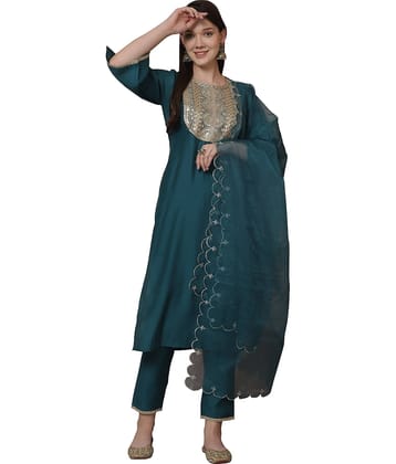 Rajnandini Silk Embellished Kurti With Pants Women's Stitched Salwar Suit - Green ( Pack of 1 )