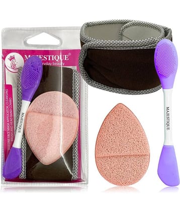 Majestique Facial Head Band, Dual Sided Silicone Brush with Makeup Remover Sponge - Color May Vary