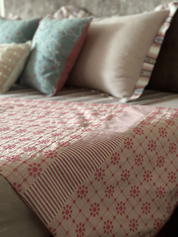 KRI India Tots Schiffli Barbie Reversible Dohar|Single|60x90 inches | Baby Pink with Neon Pink detailing | Wash & Care | 100% Cotton | Handcrafted in India. 100% organic & natural.