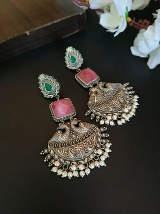 Silver Plated Long Dangler Earrings with Monalisa Stone & Pearls | Sarichka-Pink+Green