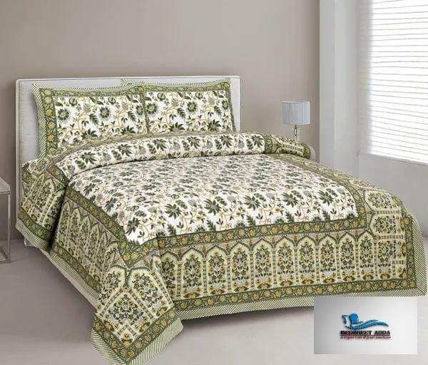 3001-Hometrade India-Standard King Size (90*108 Inches)-Pure Cotton Jaipuri Double Bedsheet With Matching Pillow Cover