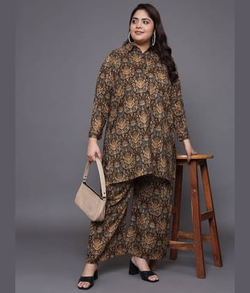 Tissu Women Printed Shirt With Palazzos Co-Ord Set ( Brown )
