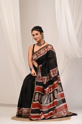 Hand block printed chanderi silk Sarees with blouse A