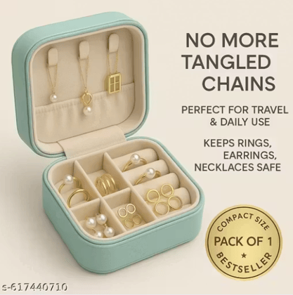 VYSTA Mint Blue Travel Jewellery Organizer Box | Compact Velvet Case for Rings, Earrings, Chains & Bracelets | Tangle-Free Multi-Compartment Storage | Pack of 1