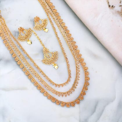Layered Necklace Set with Earrings & Maang Tika Layered Necklace Set with Earrings & Maang Tika