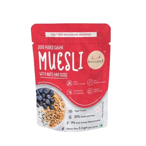 INDULGENCE Zero Added Sugar Muesli | High-Fiber, Crunchy Breakfast Cereal with Nuts, Seeds & Whole Grains | No Preservatives | Healthy Start for Weight Watchers & Diabetics. Pack of 2.
