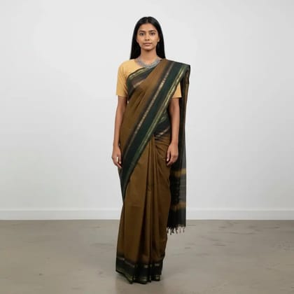 Handwoven Olive Brown Kanchipuram Cotton Saree with Temple Border Handwoven Olive Brown Kanchipuram Cotton Saree with Temple Border