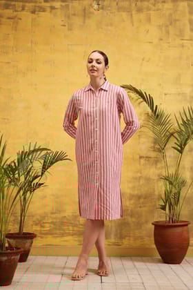 Celeste Striped Shirt-Dress (Pink)-XS