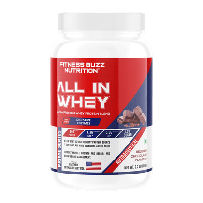 Fitness Buzz Nutrition I Prime Series I All in Whey with Added Digestive Enzymes I 20G Protein Per Serving I 4.3 BCAA Per Serving I 5.3G EAA Per Serving I Low Sugar I Nutraceutical I Veg I Belgian Chocolate I 1 KG