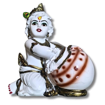 Saadhya Decors White Makhan Chor Idol (17 cm) – Divine Bal Krishna Murti with Butter Pot for Home Temple, Spiritual Décor &amp; Auspicious Gifting