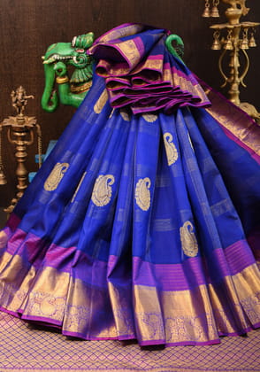 Blue Kanjivaram Silk Saree with Zari Checks with Paisley Motifs with  13" Stacked Borders   | SILK MARK CERTIFIED