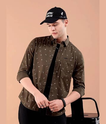 The Indian Garage Co Men Olive Green & White Slim Fit Printed Casual Shirt - None