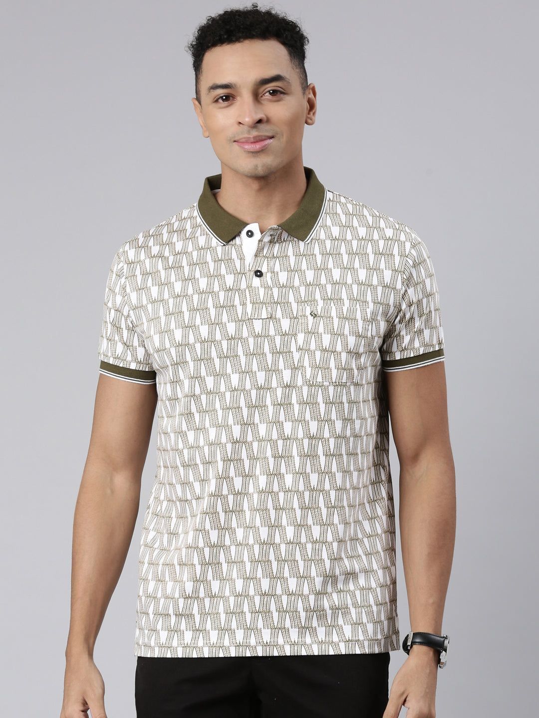 Classic Polo Men's Half Sleeve Olive/White Polo Neck Cotton Blend Slim Fit T-Shirt | BELLO - 304 B SF P