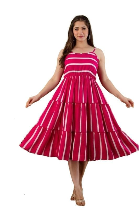 Women's Casual Sleeveless Striped Crape Dresses (Pink, S)-PID46925