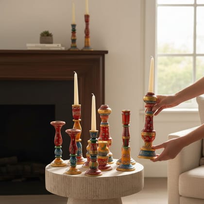 Wooden Hand Painted Brass Candle Holders Set of 9