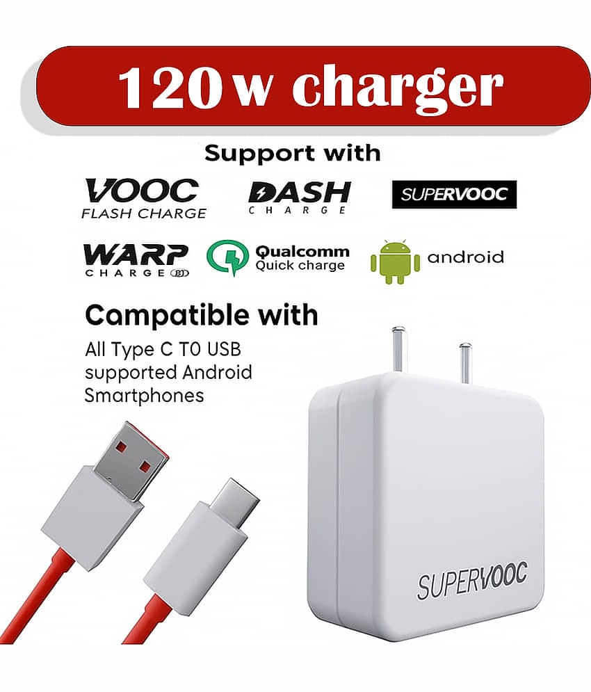 120W Super Fast Charger with Type-C Cable, Compatible with VOOC, DASH, WARP, Qualcomm Quick Charge & Android Smartphones, High-Speed Power Adapter for Rapid, Safe & Reliable Charging Anywhere
