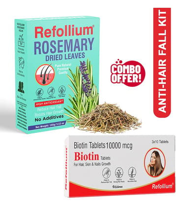 Refollium Biotin 30 Tabs with Rosemary Leaves 100g Combo | Hair Growth & Hair Fall Control | For Hair Oil, Serum & Rosemary Water