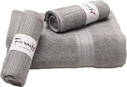 Furnofy Cotton 450 GSM Bath, Hand Towel Set Grey (Pack Of 3)