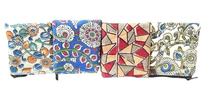 4-Pack of Handmade Cotton Coin Purses with Zipper Closure and Unique Kalamkari Designs