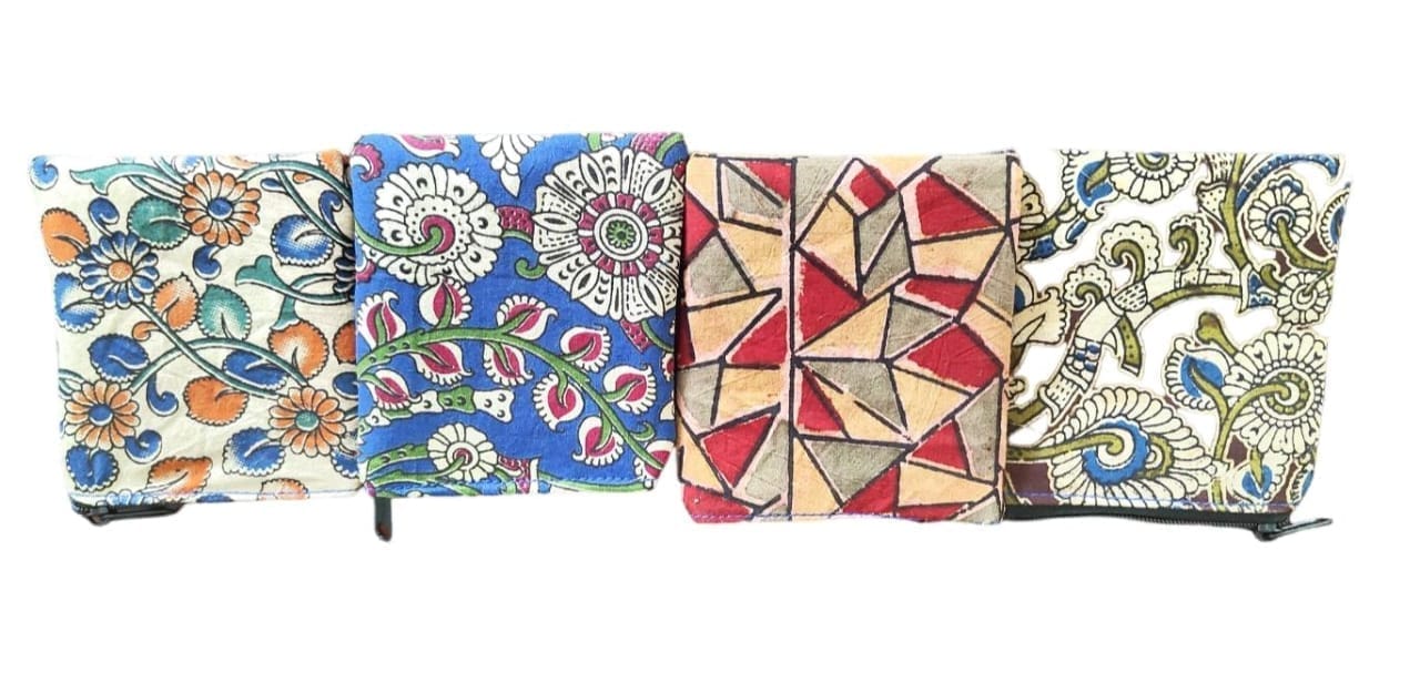 4-Pack of Handmade Cotton Coin Purses with Zipper Closure and Unique Kalamkari Designs