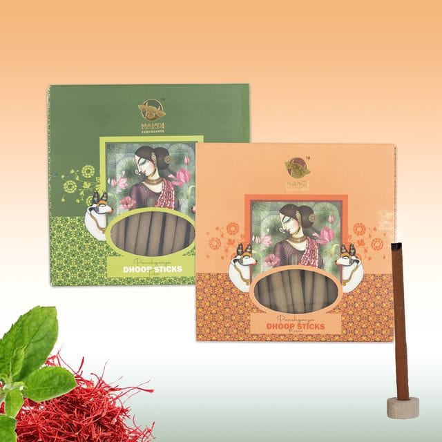 Nandi Panchgavya 100 Percent Cow Dung Dhoop Sticks for Pooja with Stand (Tulsi & Kesar Fragrance-100 Sticks)