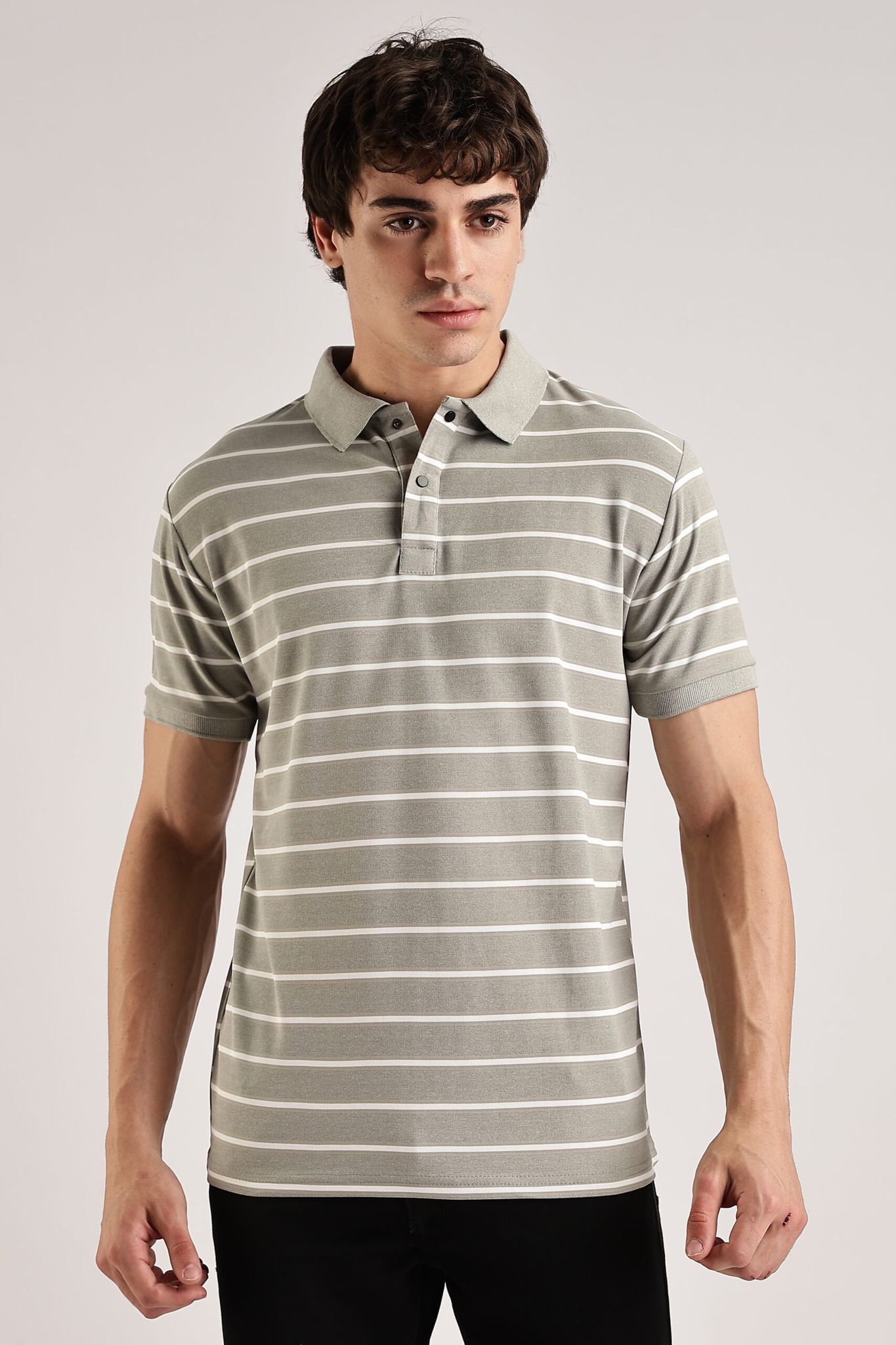 Pollycotton Tan Brown Striped Polo