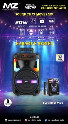 MZ  M57VP KARAOKE  SERIES WITH 2 MICS   INSIDE AND REMOTE CONTROL WITH 20W OUTPUT AND RGB COOL LIGHTS FUSION WITH ECHO EFFECTS AND LONG LASTING BATTERY  BACKUP AVAILABLE AT BEST PRICE