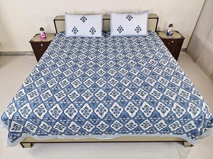 Bedsheet Set with Pillow Covers, Blue and WhiteBedsheet Set Paisley Printed Cotton, Intricate Ethnic Rajasthani Design, 100% Cotton, 210 x 226 cm,Best for Single Bed & Big Deewan Sets