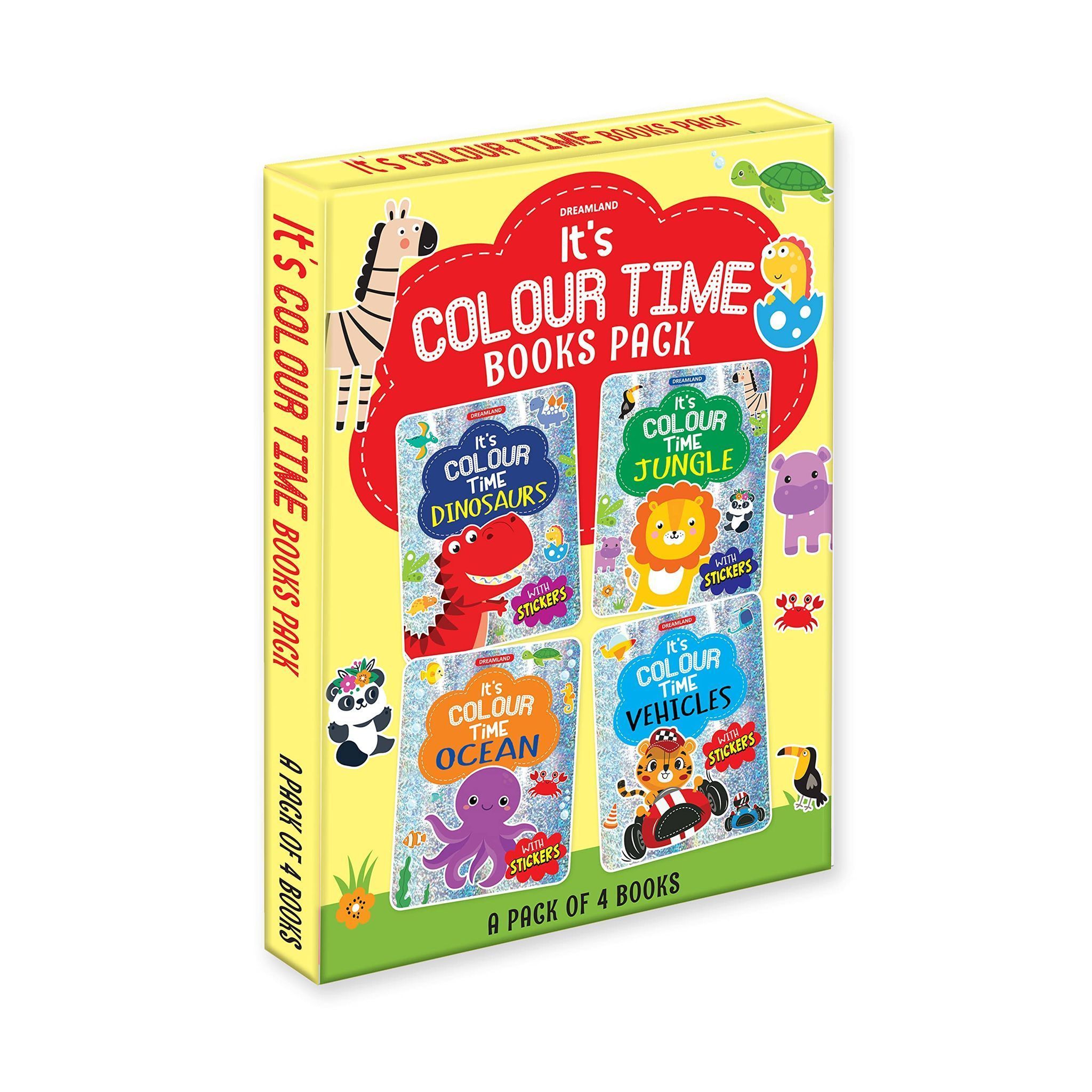 It's Colour Time Books Pack- A Set of 4 Books for Children Age 3- 7 Years| Stickers Books with Theme Dinosaurs, Vehicles, Ocean, Jungle [Paperback] Dreamland Publications