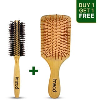 IMECO Bamboo Paddle Brush and Roller Hair Brush for All Hair Types - Combo Pack
