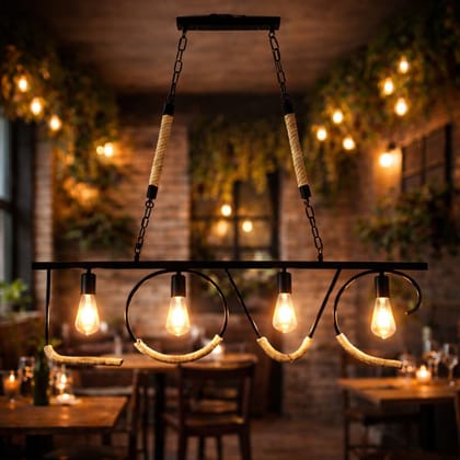 SPARKWORLD Industrial LOVE Pendant Ceiling Light Black Metal & Jute Rope, 4-Socket E27 Base (Bulbs Not Included) | Colour: Love Rope