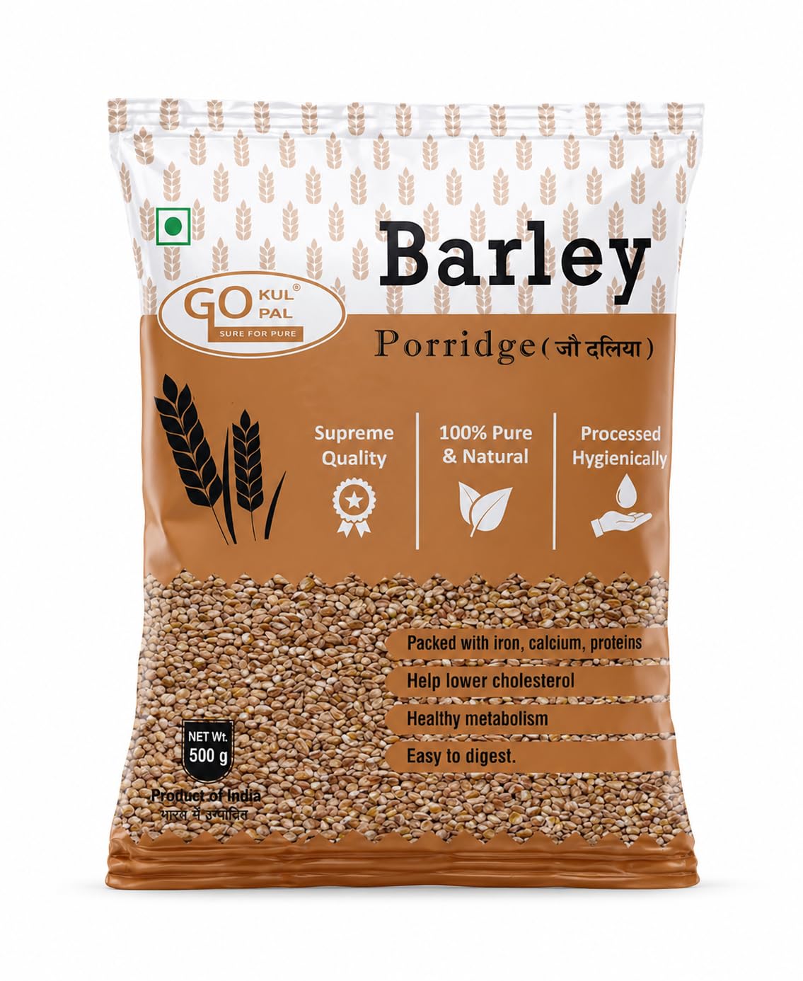 Gokul Gopal Jou Daliya (Barley Porridge), 100% Pure and Natural, Packed with Iron, Calcium, and Proteins, 500g