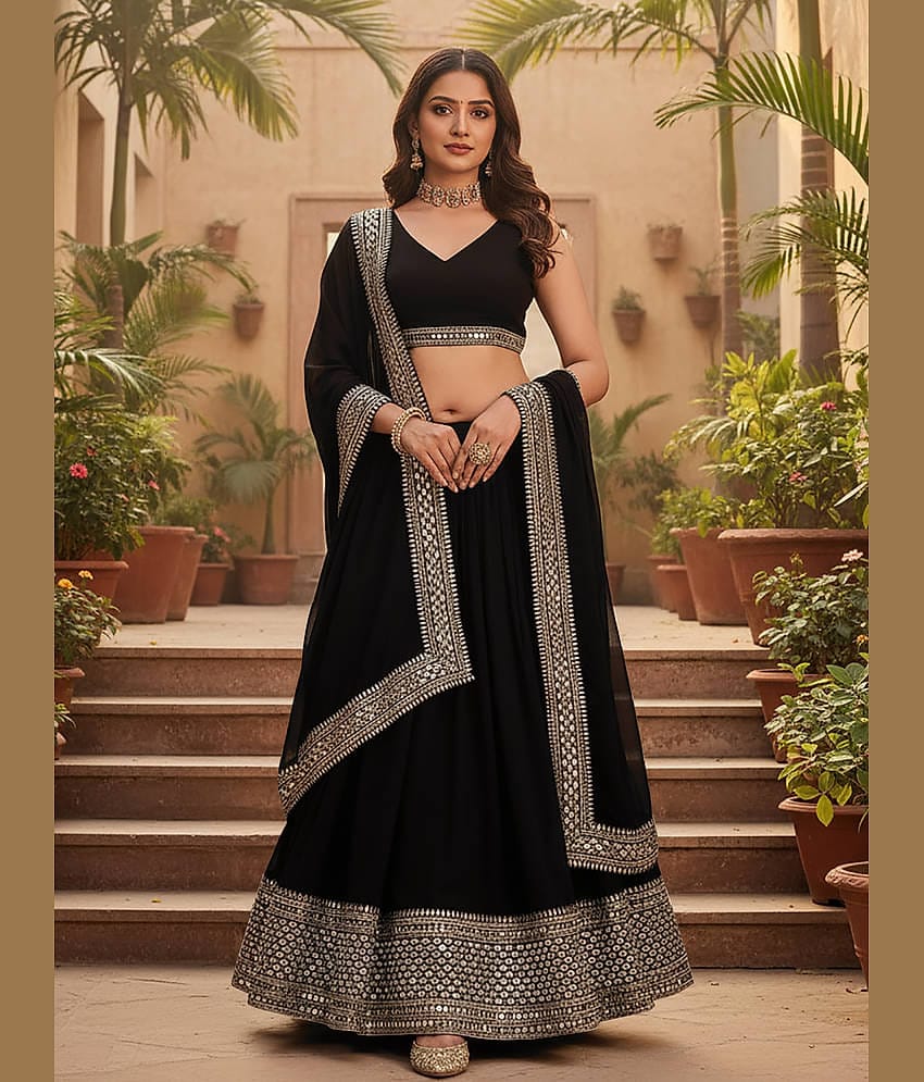 kedar fab Women Georgette Circular Semi Stitched Lehenga Choli ( Black )