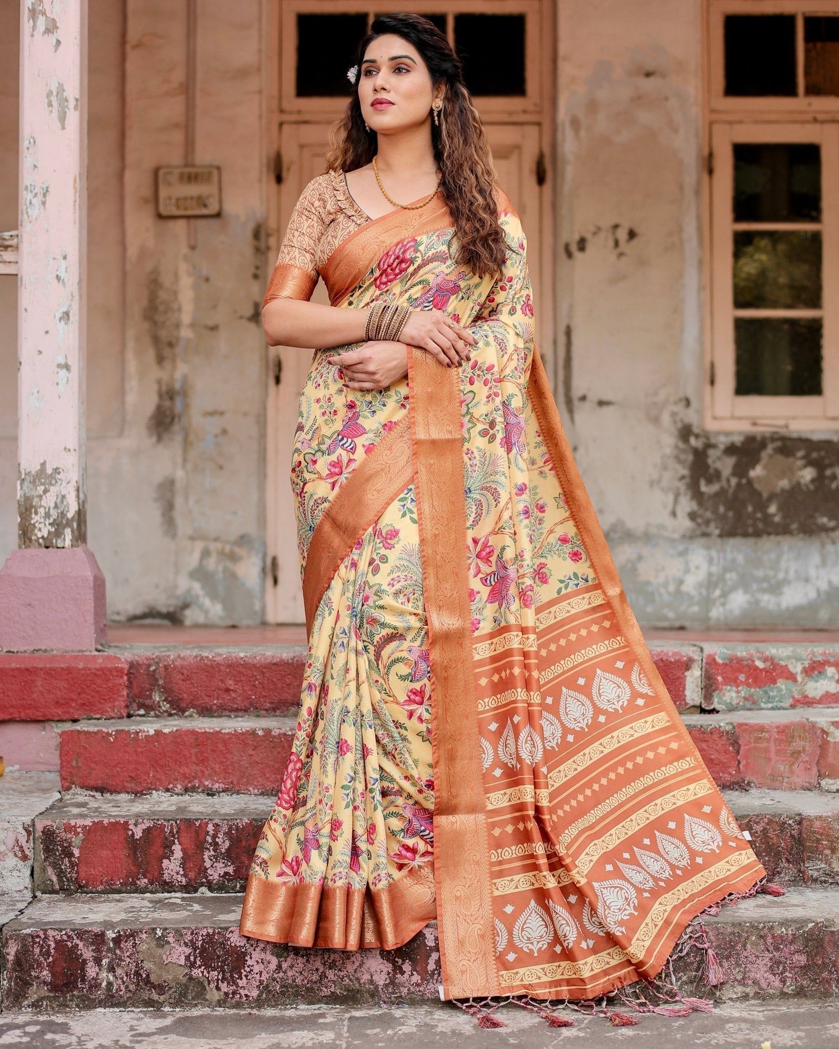 Golden Beige Tussar Silk Saree with Floral Paradise Print and Ornate Zari Border-Regular