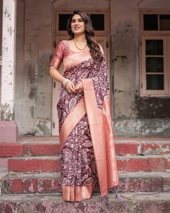 Maroon Banarasi Silk Saree with Peach Zari Border and Paisley Motifs-Regular