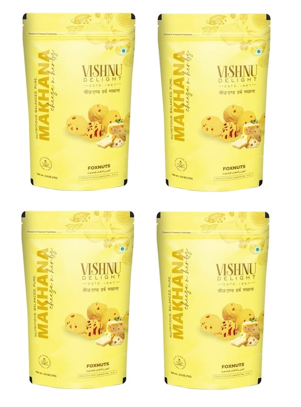 Vishnu Delight Flavoured Cheese & Herbs Organic Makhana Jar, 60g Each Pack of 4 - Nutritious, Tasty, and Sustainably Sourced Fox Nut Snack