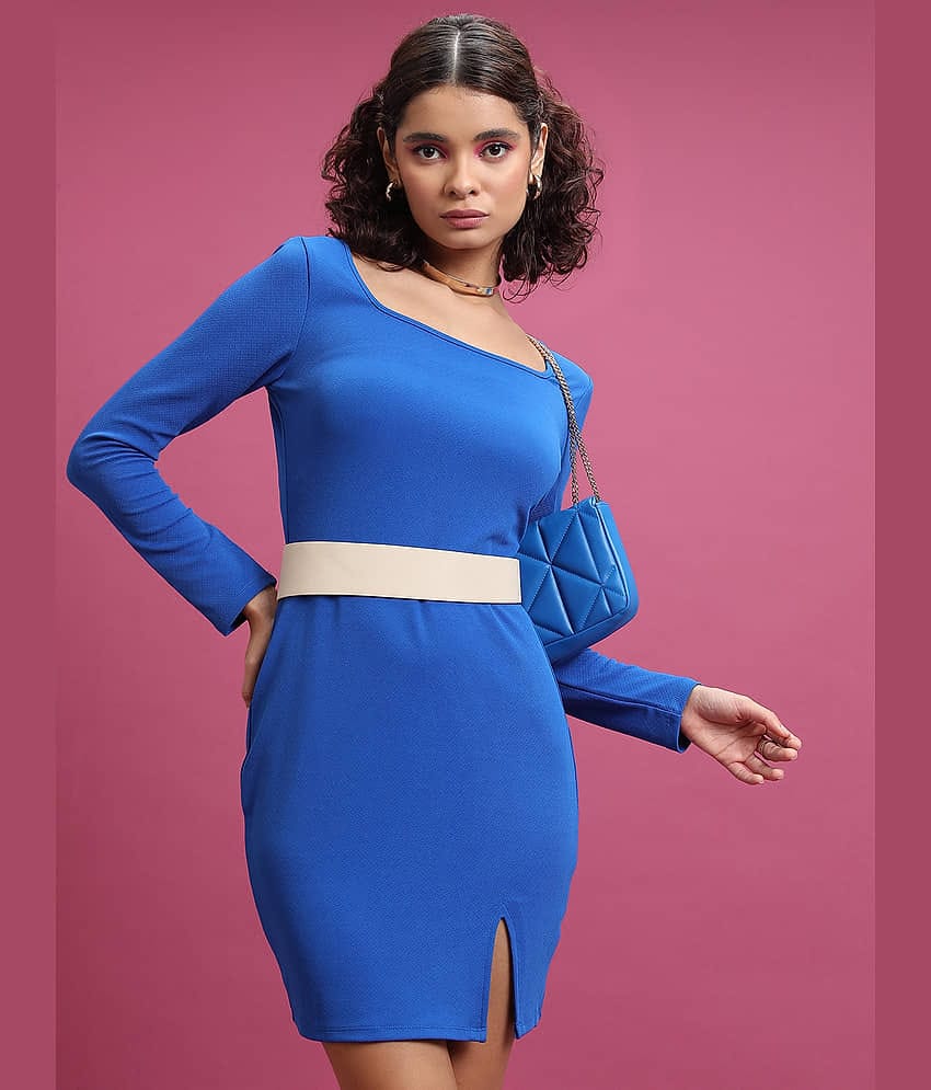 Ketch Women Polyester Blend Solid Bodycon Dress ( Blue )