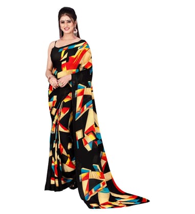 Women's Poly Georgette Printed Saree without Blouse (Black)