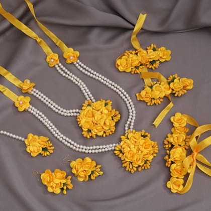 Yellow Color Synthetic Rose Floral Bridal Set (TRN1781YLW)-Adjustable Rope / Yellow / Synthetic