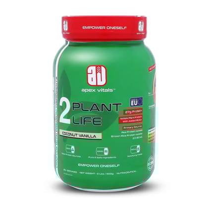 Apex Vitals 2 Plant Life - Natural Vegan Plant Protein Powder | Pea & Brown Rice Isolate|27g Protein, 2000mg BCAA| Easy to Digest |FDA, EFSA & FSSAI Certified |Vegan| Coconut Vanilla - 2 lbs, Sha