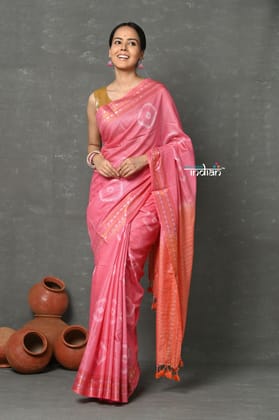 Tyohaar ~ Handloom Cotton By Silk Saree With Sleek Border By Khadigram Cerified Weavers - Light Peach