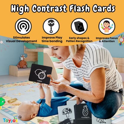 TOYJOS Flash Cards for Babies and Infants | High Contrast Double Sided Jumbo Pictures | Visual Stimulation | Cognitive,Visual and Language Development Tools | Ideal for 0 to 12 Months (32 Pictures)