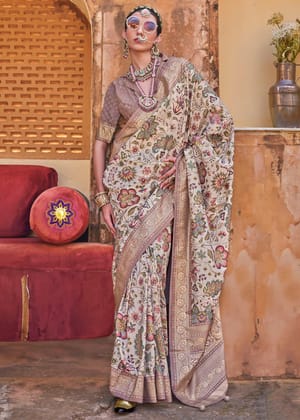 Beige And Mauve Floral Printed Silk Saree With Contrast Border