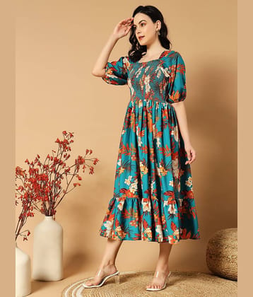 Femvy Women Polyester Printed Fit & Flare Dress ( Green )