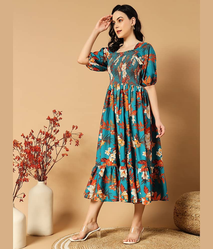 Femvy Women Polyester Printed Fit & Flare Dress ( Green )