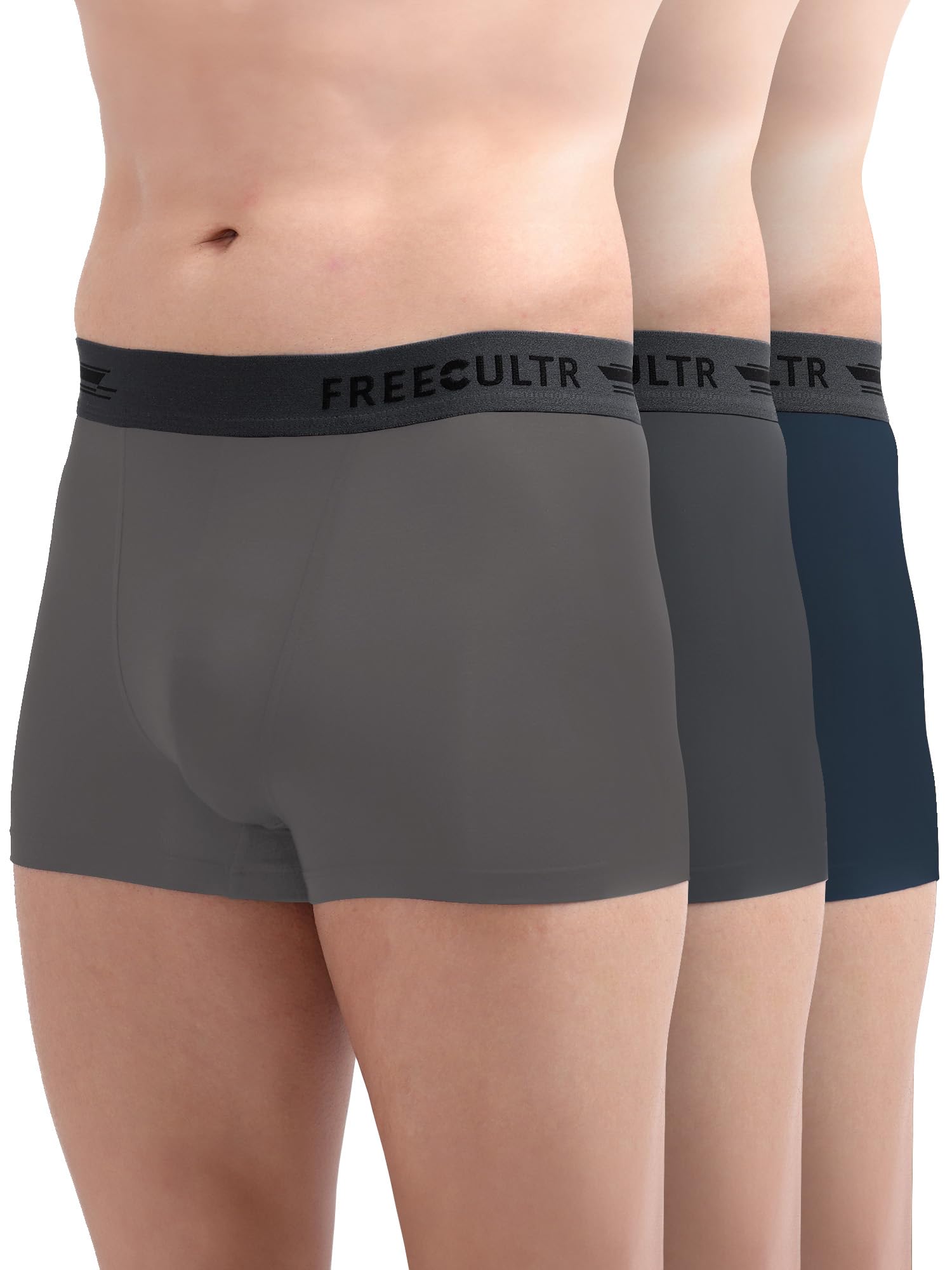 FREECULTR Men's Underwear Anti Bacterial Micromodal Airsoft Trunk - Non Itch No Chaffing Sweat Proof -  Pack of 3-Smoke Grey,Prussian Blue,Ash Grey
