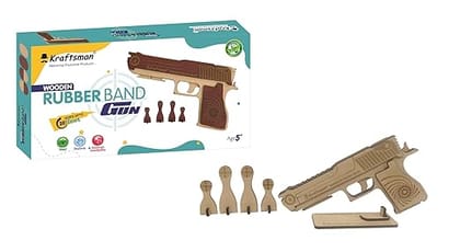 Kraftsman Semi-Automatic Wooden Rubber Band Shooting Gun Toys for Kids & Adults with Target | 5 Rapid Fire Shots (Beige)