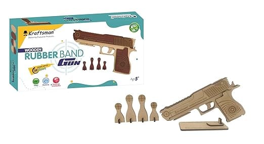 Kraftsman Semi-Automatic Wooden Rubber Band Shooting Gun Toys for Kids & Adults with Target | 5 Rapid Fire Shots (Beige)