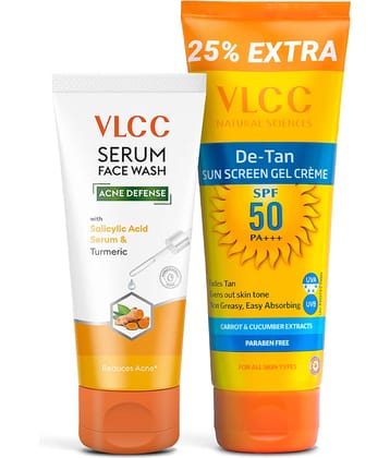 VLCC Salicylic Acid & Turmeric Face Wash 100g + De Tan SPF 50 Sunscreen 100g | Acne Control & Protection